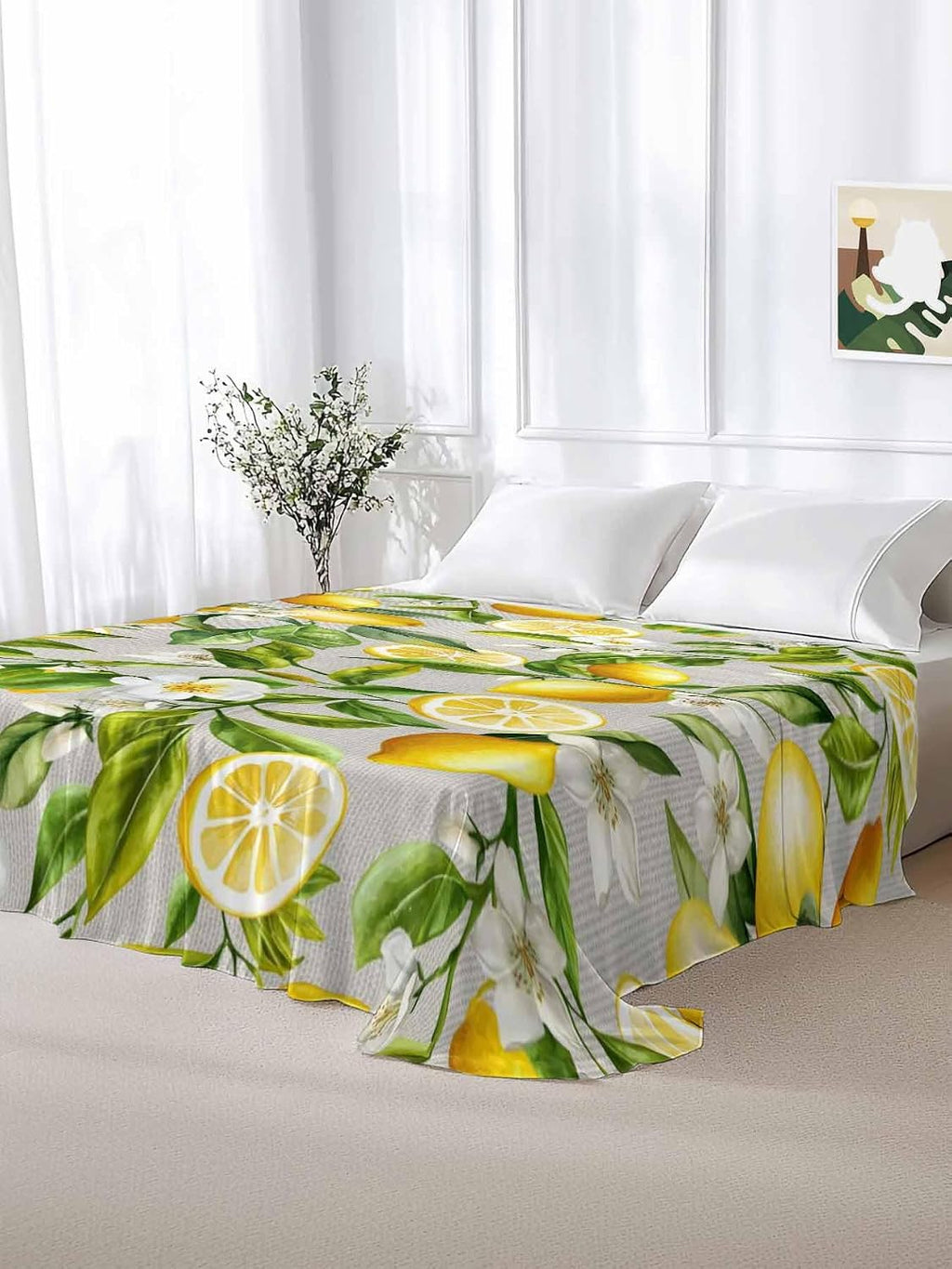 Queen Size Top Sheet Only, Summer Lemon Flower Leaf Flat Sheet Microfiber Breathable Soft Bed Sheets, Country Yellow Fruit Floral Plant Hotel Bedding Flat Sheets for Bedroom