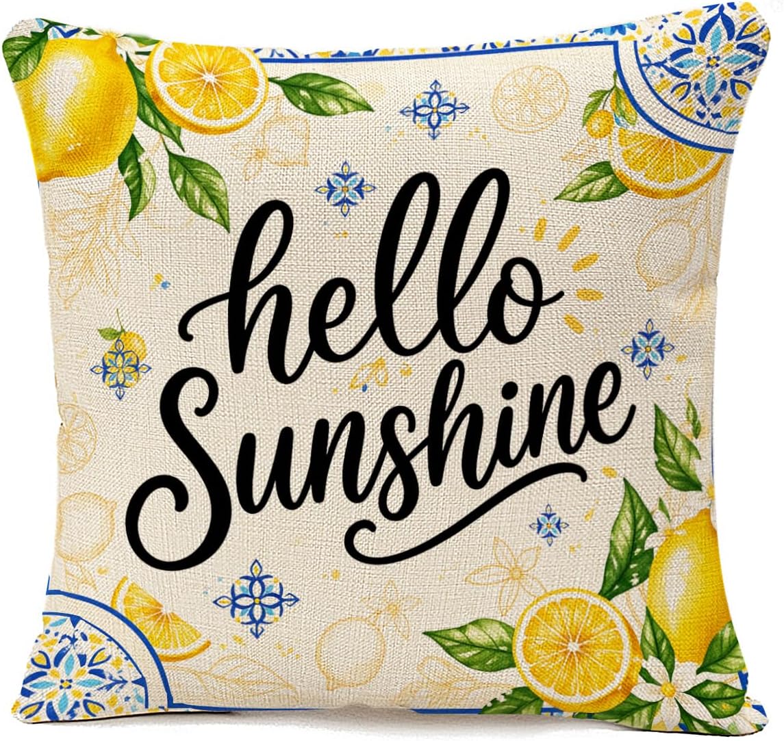 Lemon Yellow and Blue Throw Pillow Cover 18x18,Mediterranean Summer Citrus Sunshine Art Decorative Cushion Cover,Linen Blend Square Pillowcase for Sofa Couch Bed