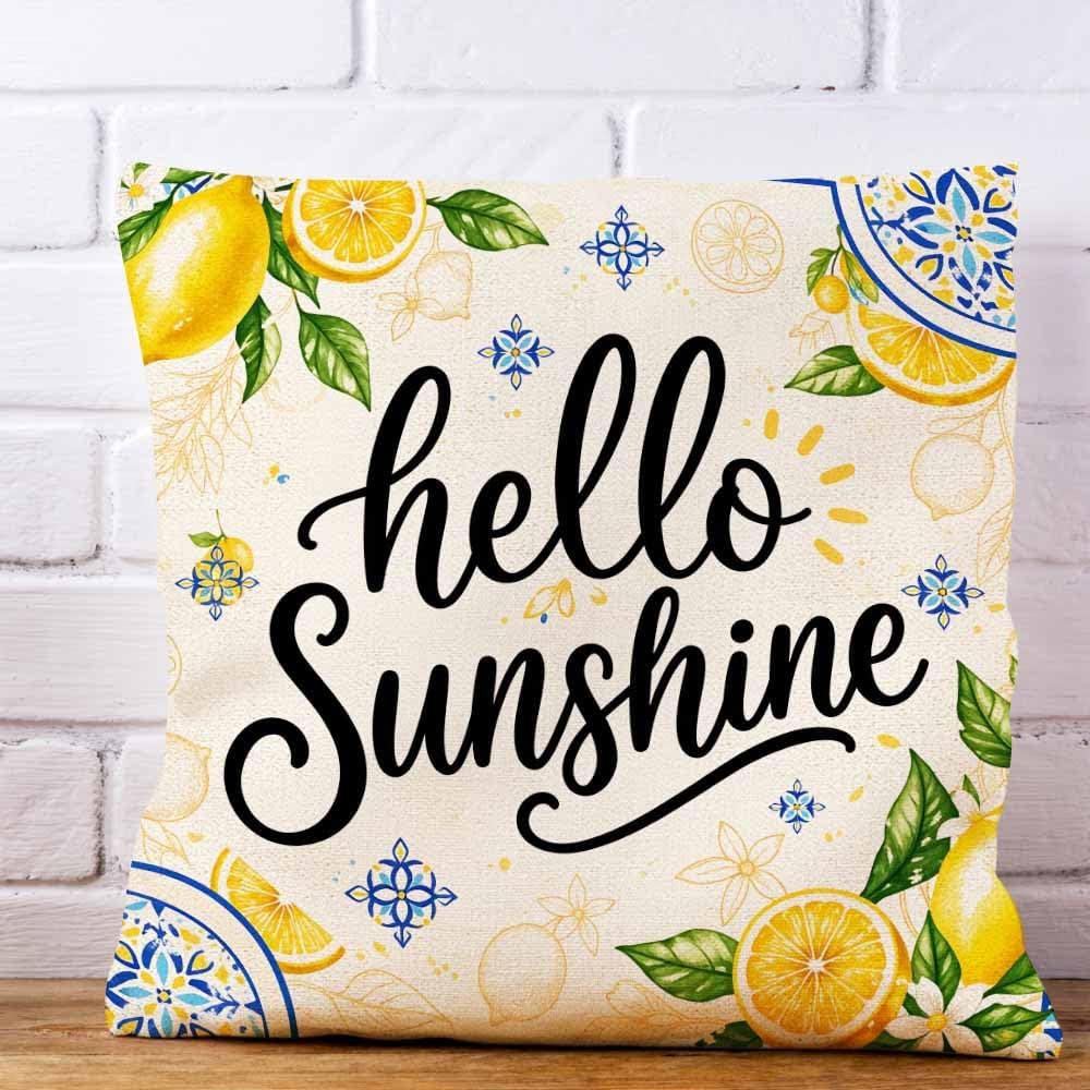 Lemon Yellow and Blue Throw Pillow Cover 18x18,Mediterranean Summer Citrus Sunshine Art Decorative Cushion Cover,Linen Blend Square Pillowcase for Sofa Couch Bed