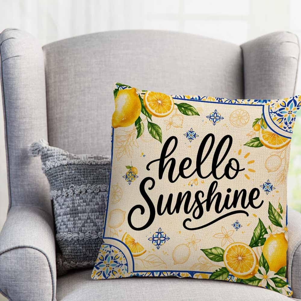Lemon Yellow and Blue Throw Pillow Cover 18x18,Mediterranean Summer Citrus Sunshine Art Decorative Cushion Cover,Linen Blend Square Pillowcase for Sofa Couch Bed