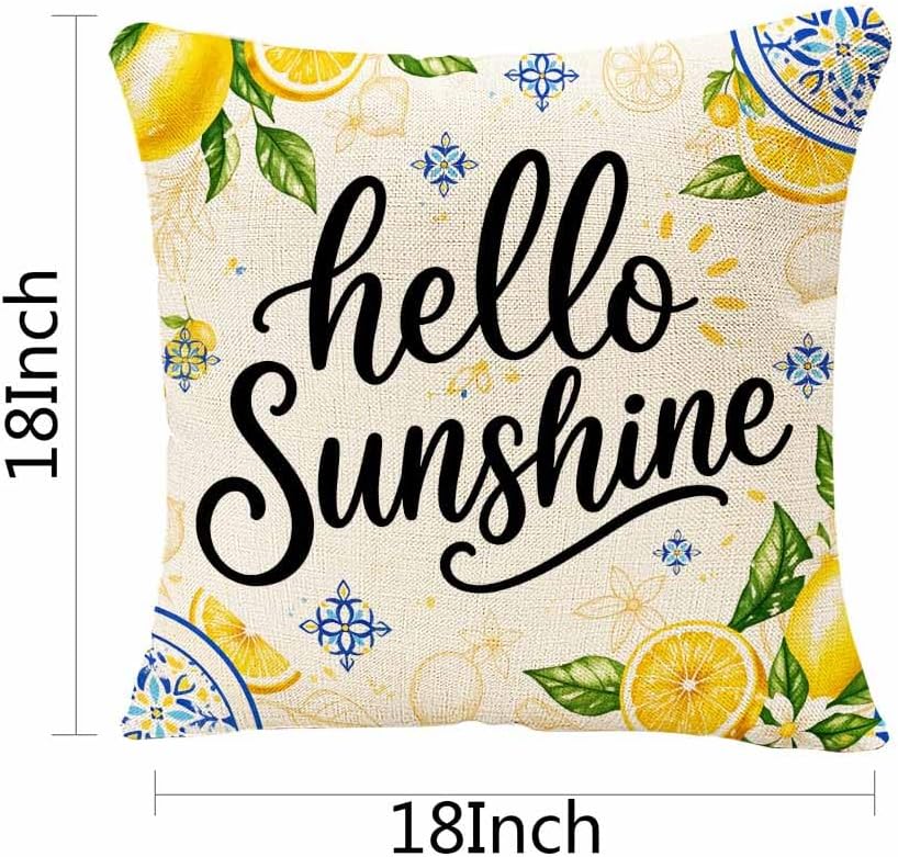Lemon Yellow and Blue Throw Pillow Cover 18x18,Mediterranean Summer Citrus Sunshine Art Decorative Cushion Cover,Linen Blend Square Pillowcase for Sofa Couch Bed