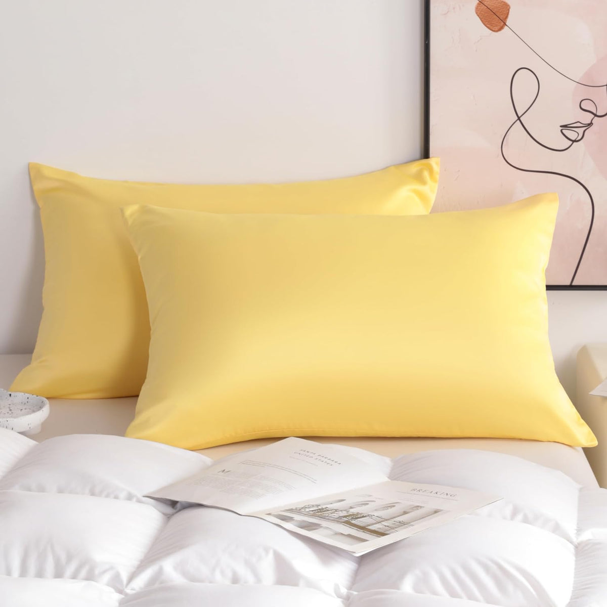 Luxury Satin Pillowcases for Hair and Skin, Similar to Silk Queen 20x30 Inches Set of 2, Cooling Pillow Case for Hot Sleepers with Zipper Closure, Gifts for Women Men, Yellow