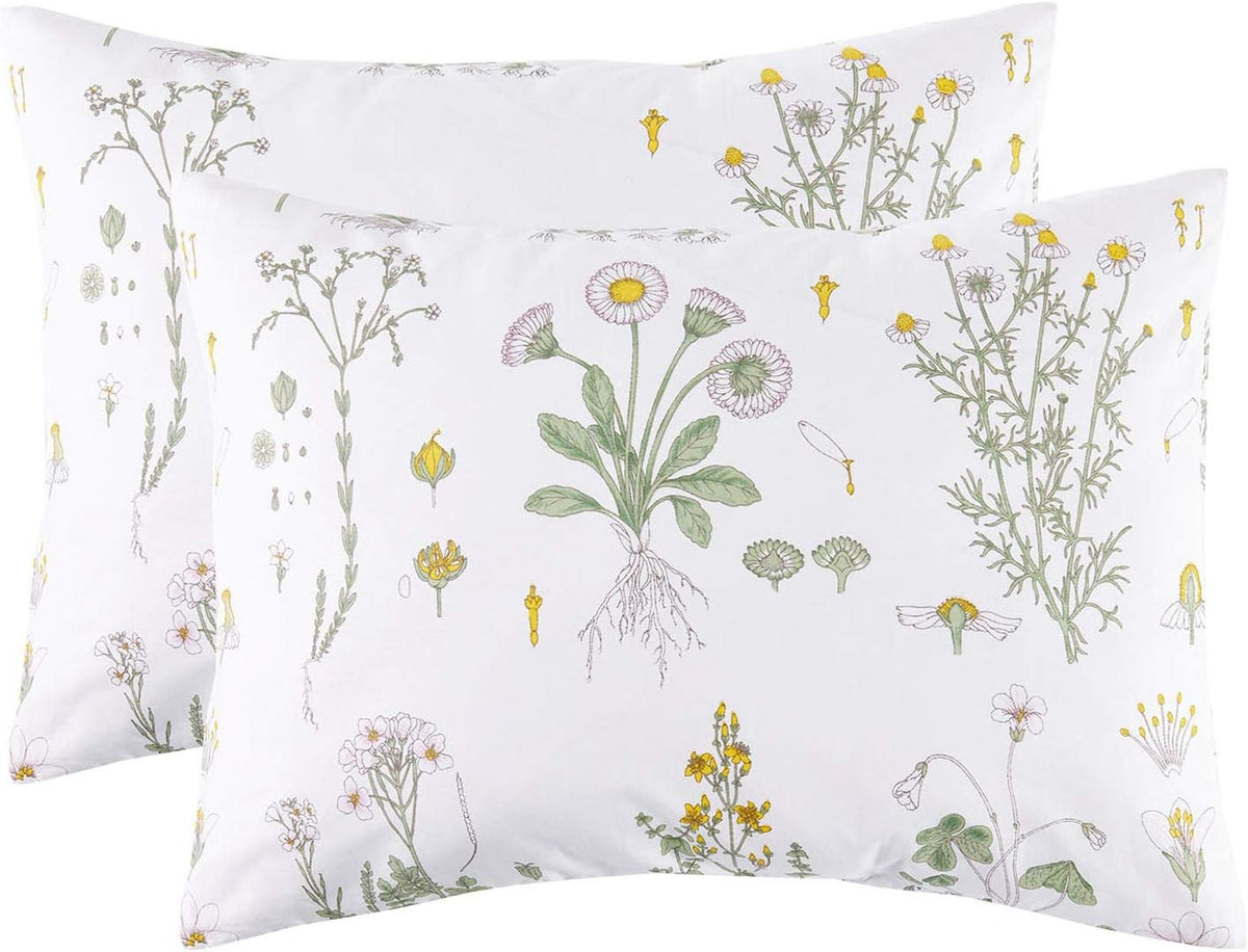 Floral Pillow Cases, 100% Cotton Fabric, Flower Cottagecore Botanical Cute Pattern Printed, Set of 2 Pillowcases Pillow Shams Covers, Yellow Green, Standard Size 20x26 Inches