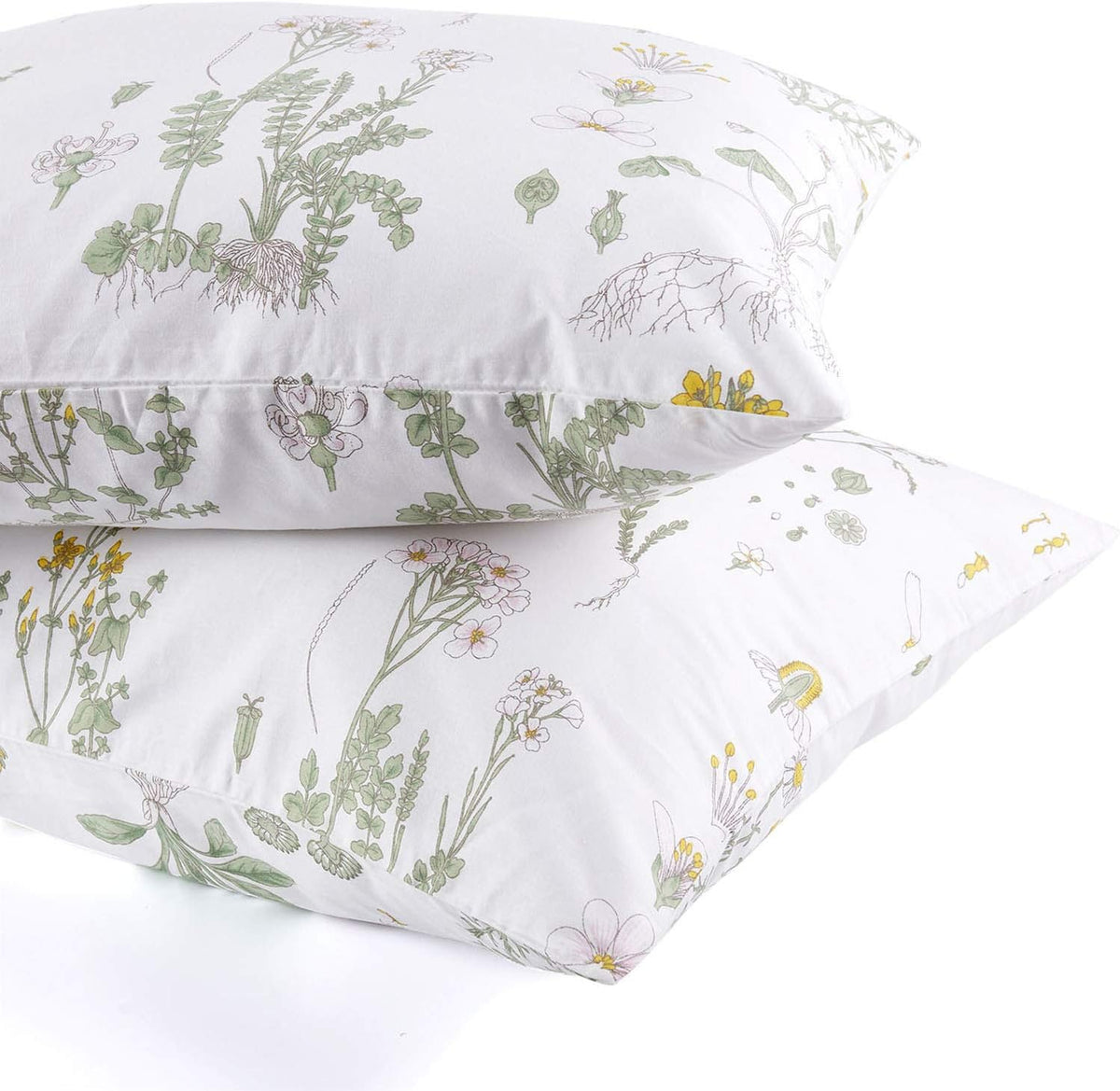 Floral Pillow Cases, 100% Cotton Fabric, Flower Cottagecore Botanical Cute Pattern Printed, Set of 2 Pillowcases Pillow Shams Covers, Yellow Green, Standard Size 20x26 Inches