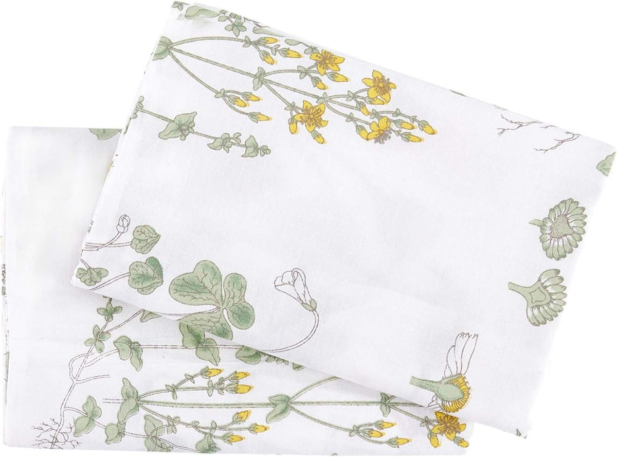 Floral Pillow Cases, 100% Cotton Fabric, Flower Cottagecore Botanical Cute Pattern Printed, Set of 2 Pillowcases Pillow Shams Covers, Yellow Green, Standard Size 20x26 Inches