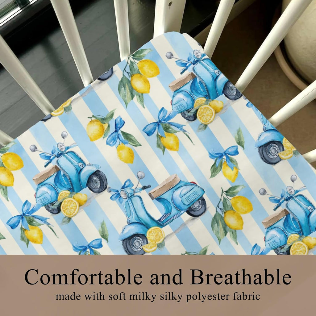 Cute Motorbike Lemon Bows Blue Stripes Baby Crib Sheets for Boy Girl 28"x52" Summer Scooters Yellow Lemons Fitted Crib Mattress Cover for Standard Crib and Toddler Italian Coastal Bed Sheet
