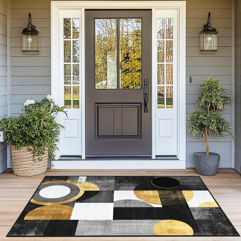 Boho Area Rug for Living Room Abstract Geometric 3x5 Yellow Rug Modern Golden Circles Rugs Non Slip Low Pile Machine Washable Floor Carpet for Indoor Bedroom Kitchen Dining Room Office
