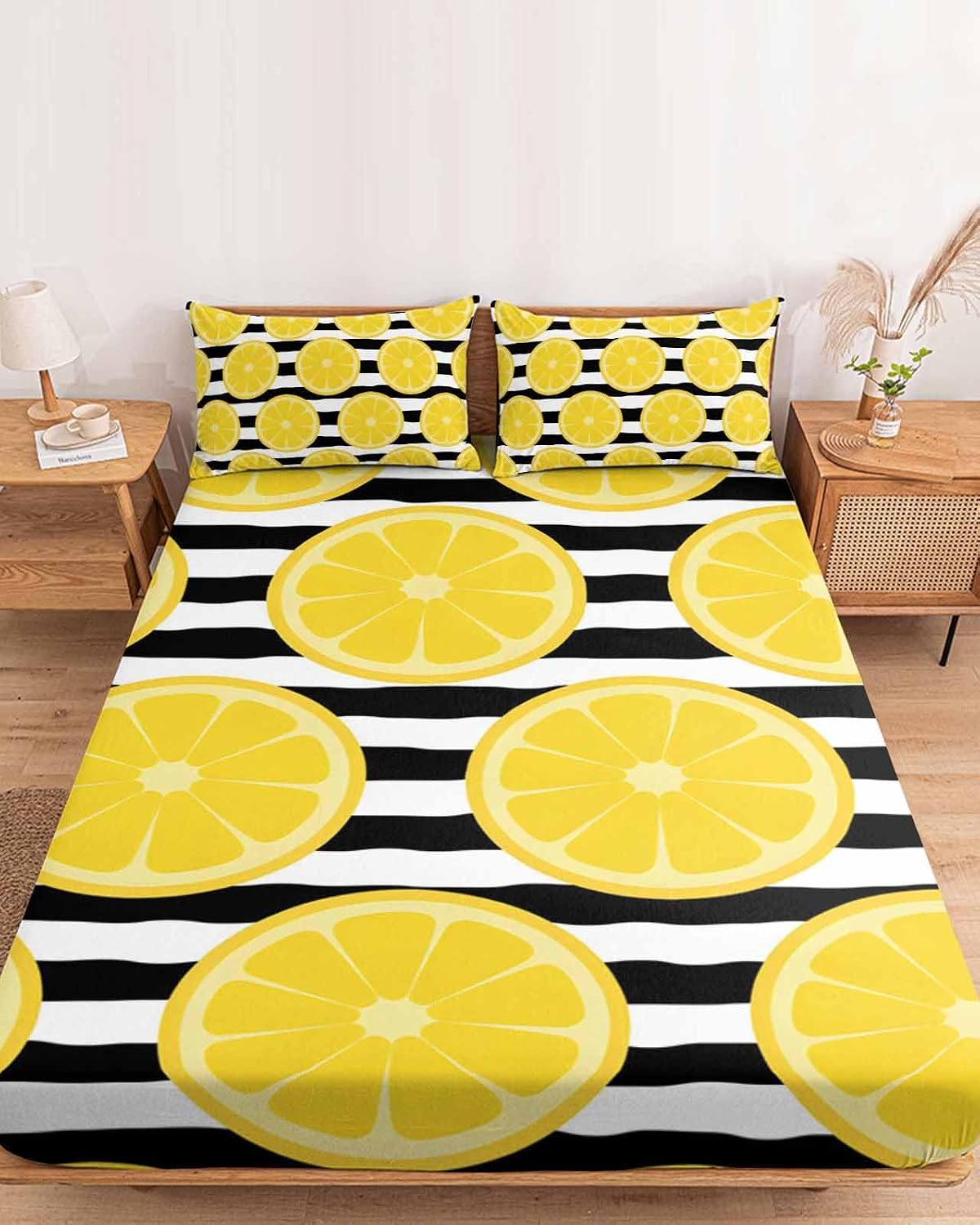 Twin XL Fitted Sheet, Farmhouses Country Yellow Lemon Soft Brushed Microfiber Deep Pocket Bed Sheets Set, Black White Stripes Breathable Bottom Sheets with Pillowcase,Fits Mattress Up to 16"