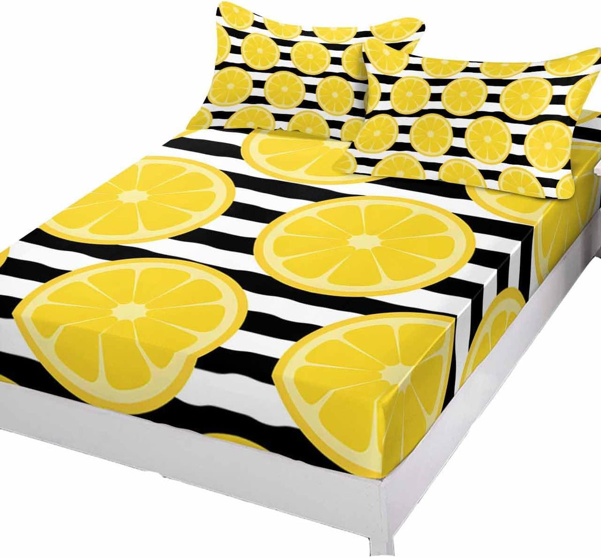 Twin XL Fitted Sheet, Farmhouses Country Yellow Lemon Soft Brushed Microfiber Deep Pocket Bed Sheets Set, Black White Stripes Breathable Bottom Sheets with Pillowcase,Fits Mattress Up to 16"