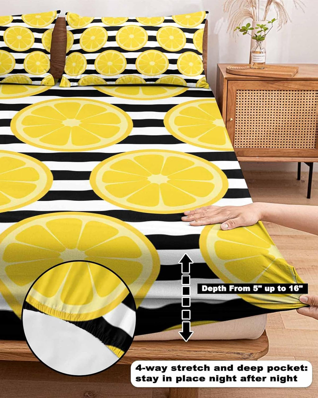 Twin XL Fitted Sheet, Farmhouses Country Yellow Lemon Soft Brushed Microfiber Deep Pocket Bed Sheets Set, Black White Stripes Breathable Bottom Sheets with Pillowcase,Fits Mattress Up to 16"