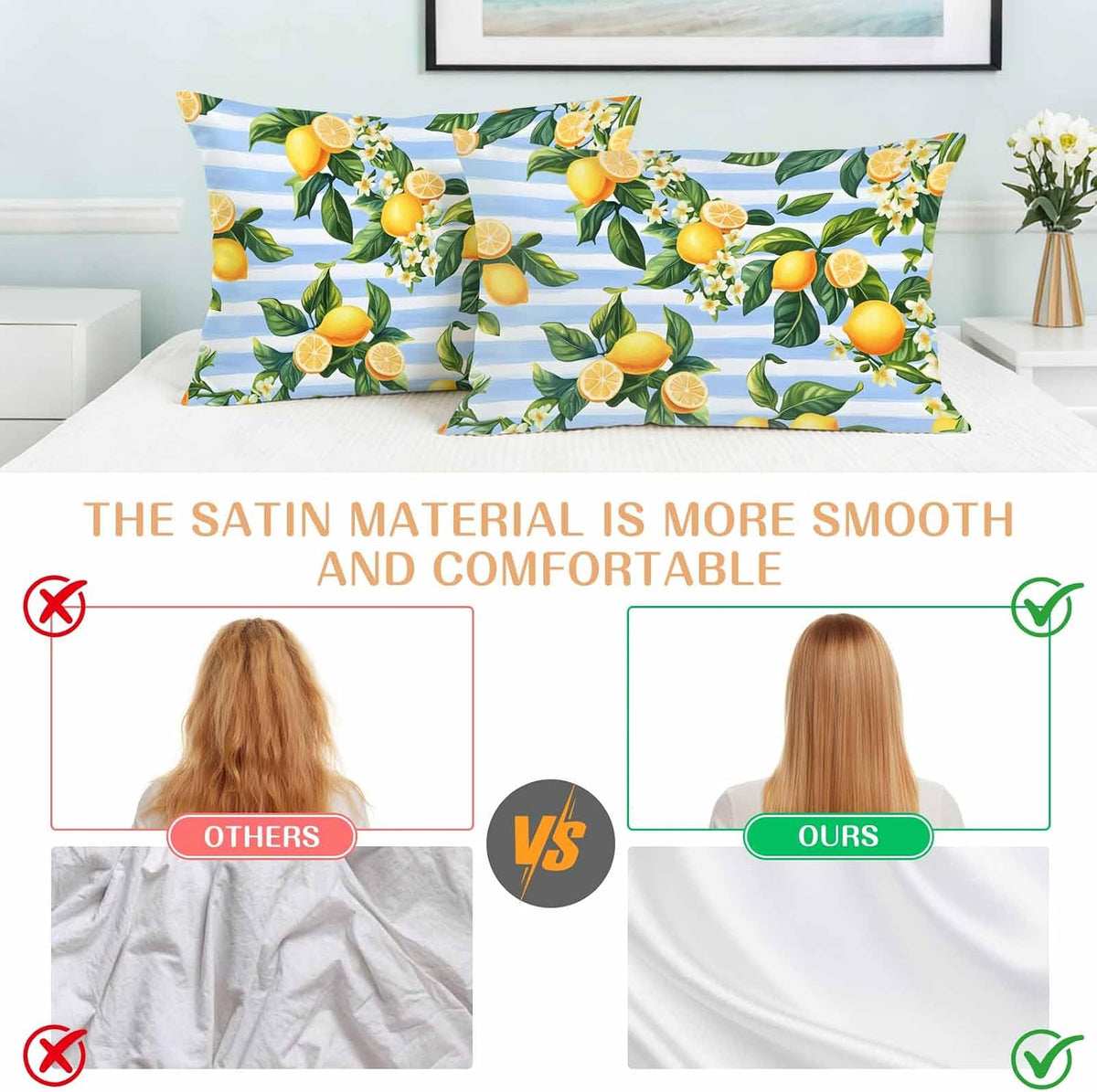 Pastoral Lemon Standard Pillowcase Set of 2, Yellow Blue Flowers Stripes Satin Pillow Case Cover with Smooth Hidden Zipper Closure, Soft Throw Pillow Covers Cases for Home Decoration 20 X 26 Inches