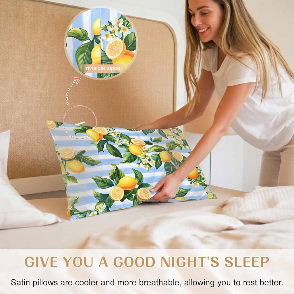 Pastoral Lemon Standard Pillowcase Set of 2, Yellow Blue Flowers Stripes Satin Pillow Case Cover with Smooth Hidden Zipper Closure, Soft Throw Pillow Covers Cases for Home Decoration 20 X 26 Inches