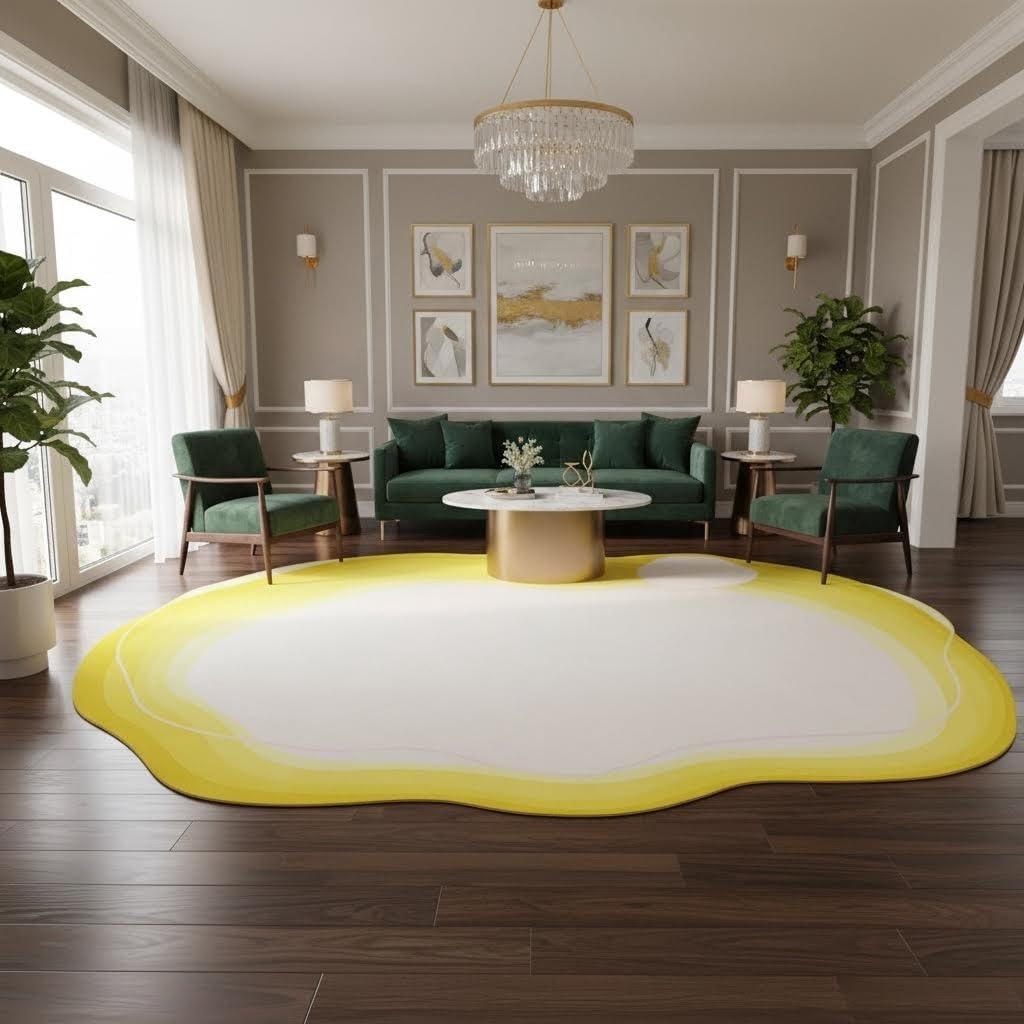 Bright Yellow Ivory White Irregular Rug 2x3 Modern Abstract Art Non Slip Indoor Rugs for Living Room Bedroom Playroom Pet Friendly Carpet Minimalist Nordic Home Office Classroom Nursery Accent Mats