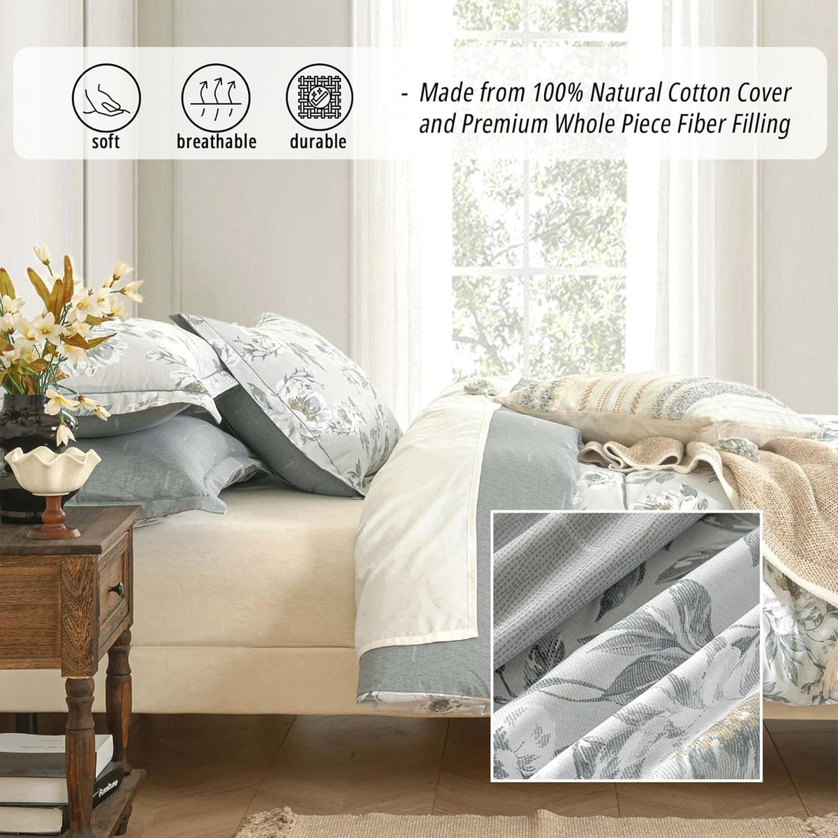 LEMIROE Floral Cotton Comforter Queen Size - Light Grey Comforter Printed with Vintage Ivory Flowers & Dark Yellow Stamens,Reversible Lightweight Bedding Sets 3Pcs(90"×90")