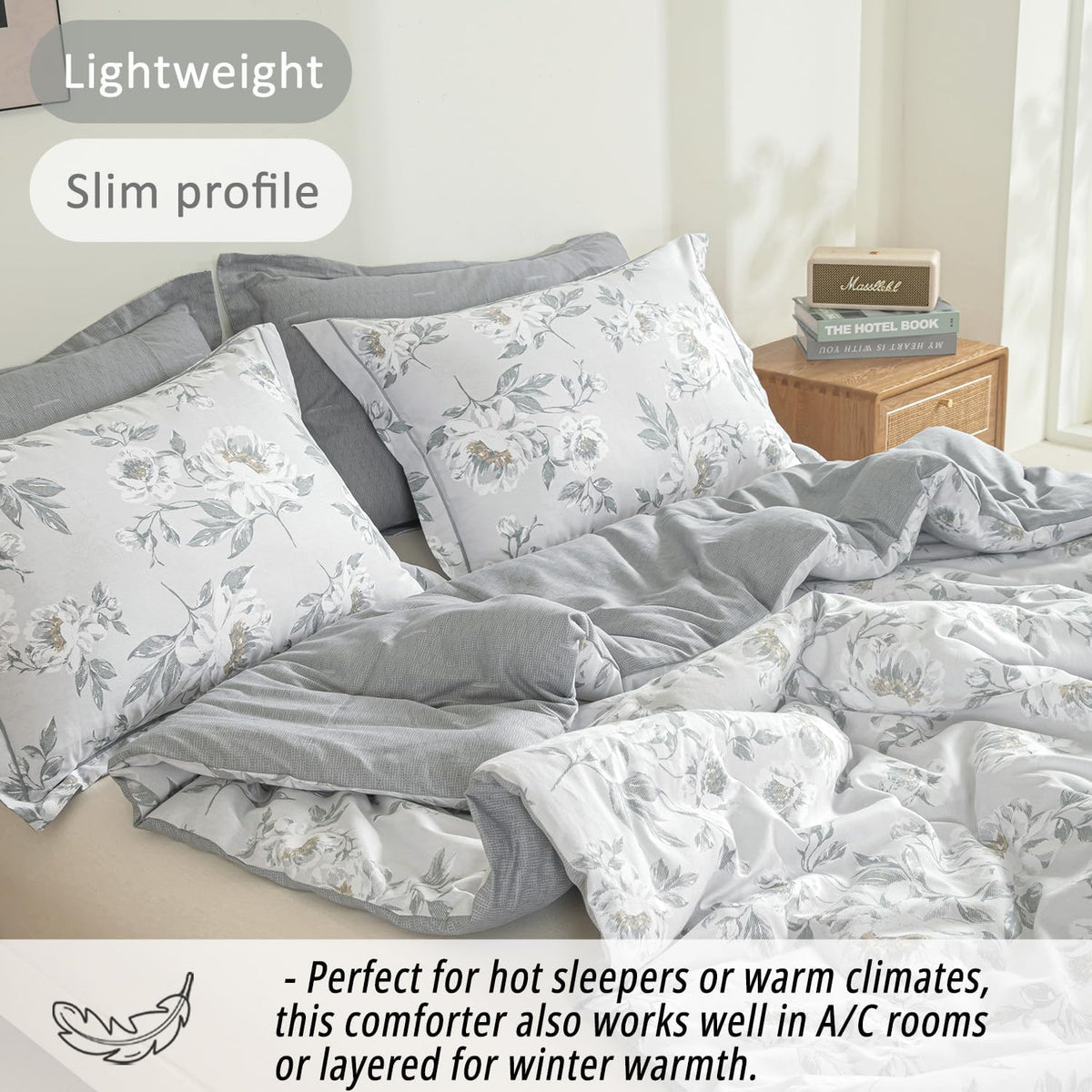 LEMIROE Floral Cotton Comforter Queen Size - Light Grey Comforter Printed with Vintage Ivory Flowers & Dark Yellow Stamens,Reversible Lightweight Bedding Sets 3Pcs(90"×90")