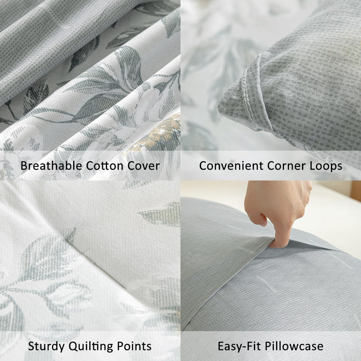 LEMIROE Floral Cotton Comforter Queen Size - Light Grey Comforter Printed with Vintage Ivory Flowers & Dark Yellow Stamens,Reversible Lightweight Bedding Sets 3Pcs(90"×90")