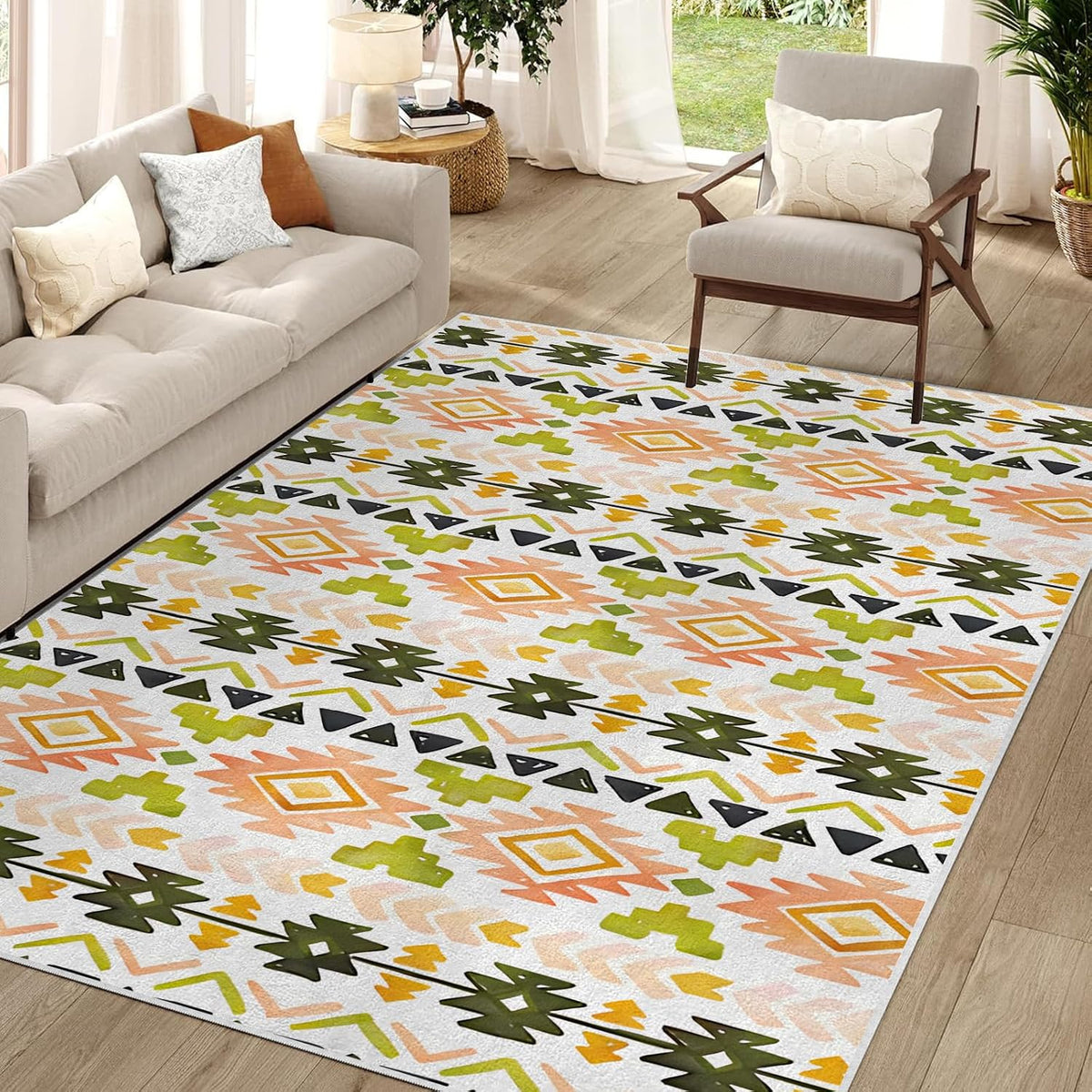 Modern Aesthetics Non-Slip Area Rug – Soft Low Pile Abstract,Machine Washable Rug for Living Room, Bedroom, Hallway – Easy Clean Decorative Home Carpet Yellow