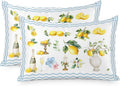 Satin Pillowcases Standard Size, Boho Lemons Silk Pillow Cases for Hair and Skin with Zipper 2 Pack, Summer Yellow Fruits Flowers Leaf Blue Stripe Smooth Throw Pillow Covers for Sleeping, 20"x26"