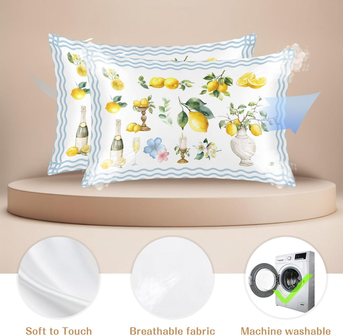 Satin Pillowcases Standard Size, Boho Lemons Silk Pillow Cases for Hair and Skin with Zipper 2 Pack, Summer Yellow Fruits Flowers Leaf Blue Stripe Smooth Throw Pillow Covers for Sleeping, 20"x26"