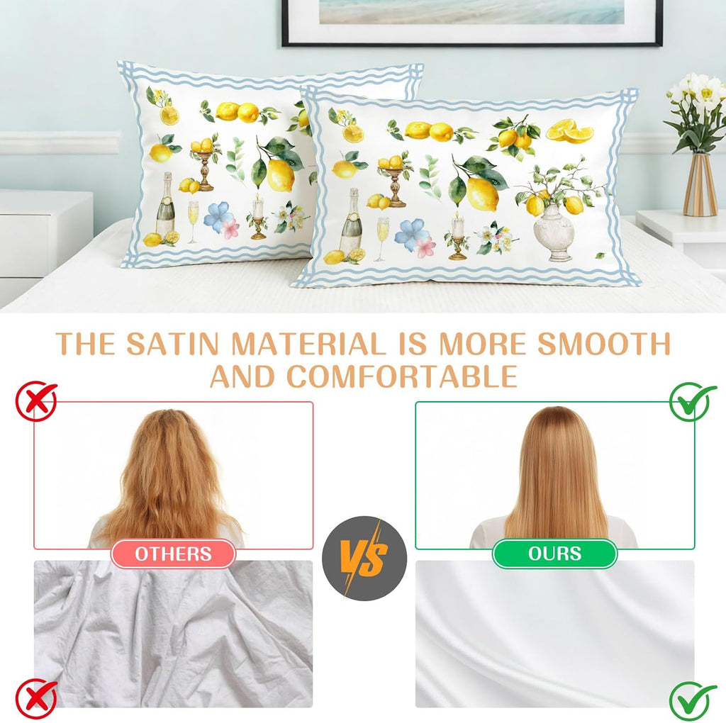 Satin Pillowcases Standard Size, Boho Lemons Silk Pillow Cases for Hair and Skin with Zipper 2 Pack, Summer Yellow Fruits Flowers Leaf Blue Stripe Smooth Throw Pillow Covers for Sleeping, 20"x26"