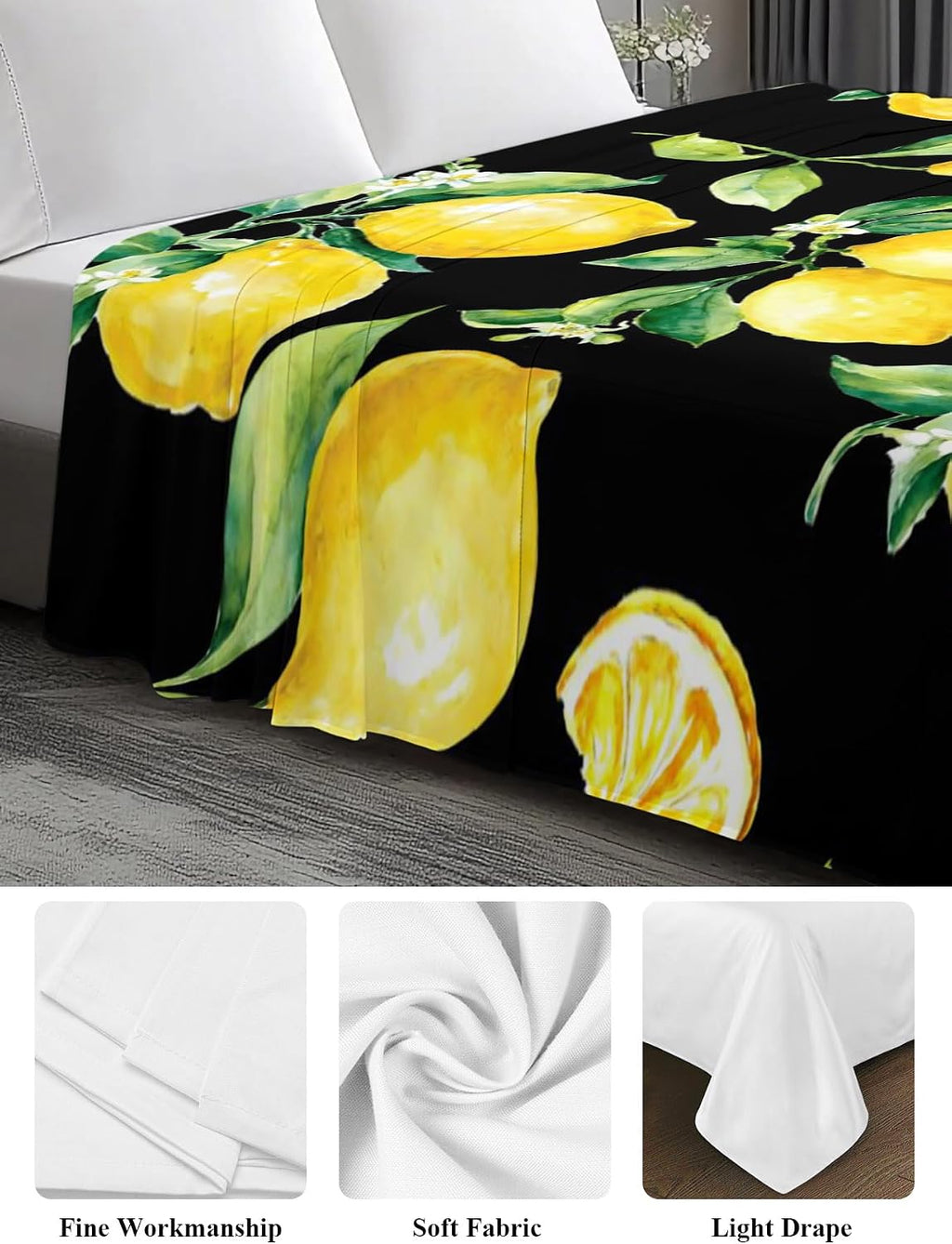 Flat Sheets Queen Size Bedding Sheet,Summer Lemon Fruit Floral Soft Microfiber Breathable Top Sheets for Bedroom Hotel Luxury-1 Bed Flat Sheet Only,Yellow on Black