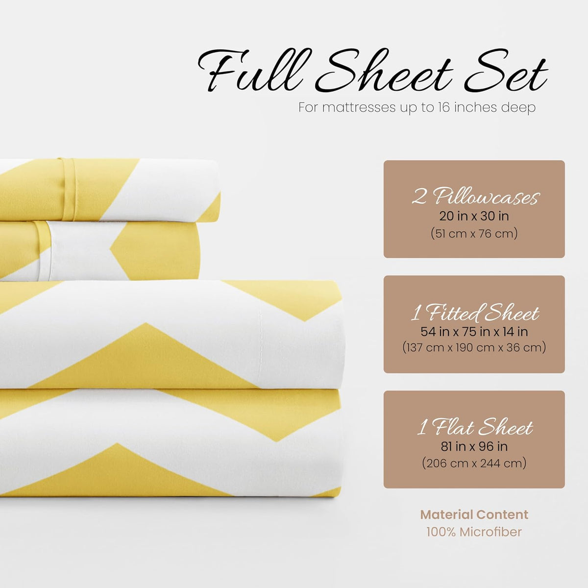 Double-Brushed Patterned Microfiber Full Sheet Set 4 Piece – Oeko-TEX Certified Ultra Soft & Wrinkle-Free - 16" Deep Pocket Sheets - Easy Care Full Size - Arrow Yellow