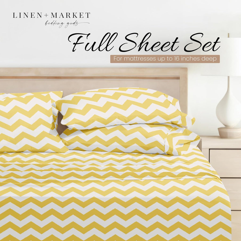 Double-Brushed Patterned Microfiber Full Sheet Set 4 Piece – Oeko-TEX Certified Ultra Soft & Wrinkle-Free - 16" Deep Pocket Sheets - Easy Care Full Size - Arrow Yellow