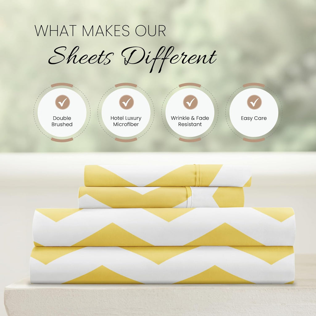 Double-Brushed Patterned Microfiber Full Sheet Set 4 Piece – Oeko-TEX Certified Ultra Soft & Wrinkle-Free - 16" Deep Pocket Sheets - Easy Care Full Size - Arrow Yellow
