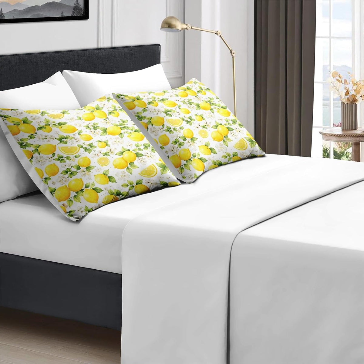 Queen Comforter Set, 7 Pieces Lemon Floral Bedding Set