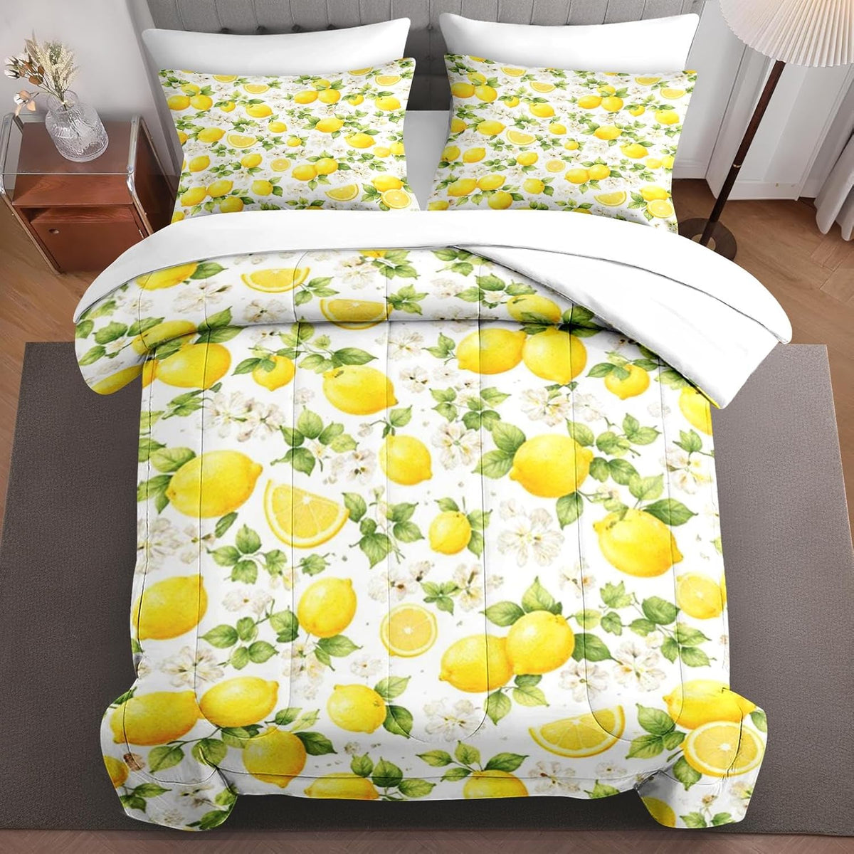 Queen Comforter Set, 7 Pieces Lemon Floral Bedding Set