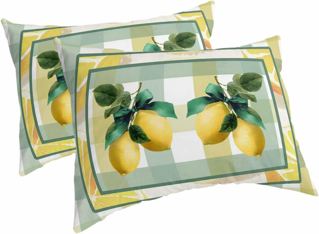 Pillow Cases Standard Size Set of 2, Lemon Breathable Microfiber Pillow Covers with Envelope Closure, Botanical Fruit Leaves Bow Yellow Green Striped Luxurious Bed Pillowcases, 20x26 Inch