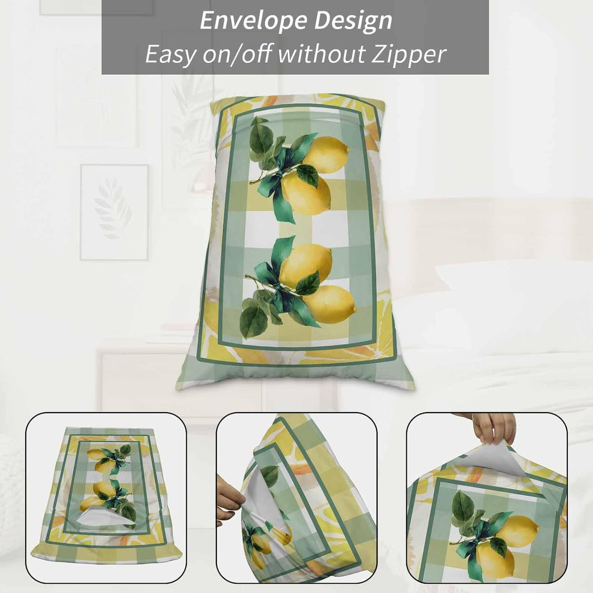 Pillow Cases Standard Size Set of 2, Lemon Breathable Microfiber Pillow Covers with Envelope Closure, Botanical Fruit Leaves Bow Yellow Green Striped Luxurious Bed Pillowcases, 20x26 Inch