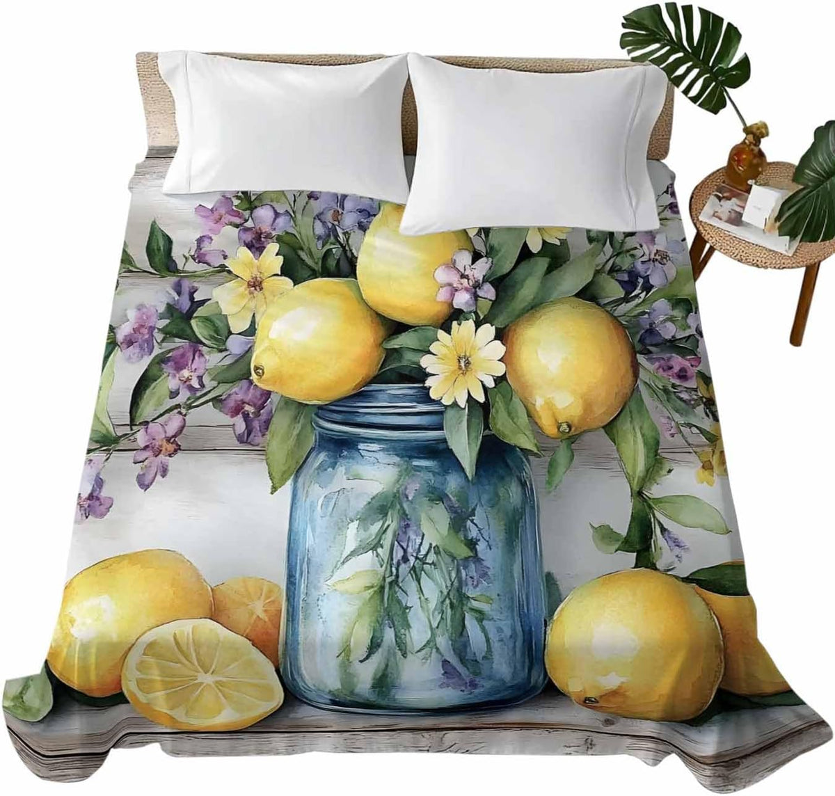 Flat Sheet, 1 Piece Top Sheet Twin Size Yellow Lemon Purple Floral Soft Breathable Bed Sheet Wood Grain Brushed Microfiber Bed Sheet, Wrinkle Resistant, Fade Resistant Bedding