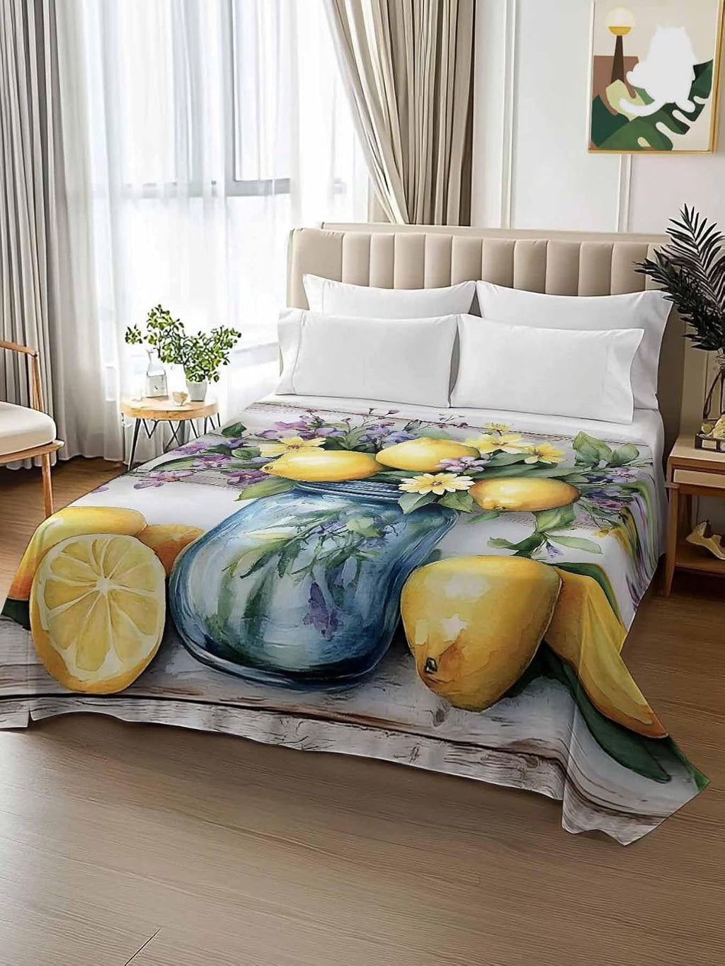 Flat Sheet, 1 Piece Top Sheet Twin Size Yellow Lemon Purple Floral Soft Breathable Bed Sheet Wood Grain Brushed Microfiber Bed Sheet, Wrinkle Resistant, Fade Resistant Bedding