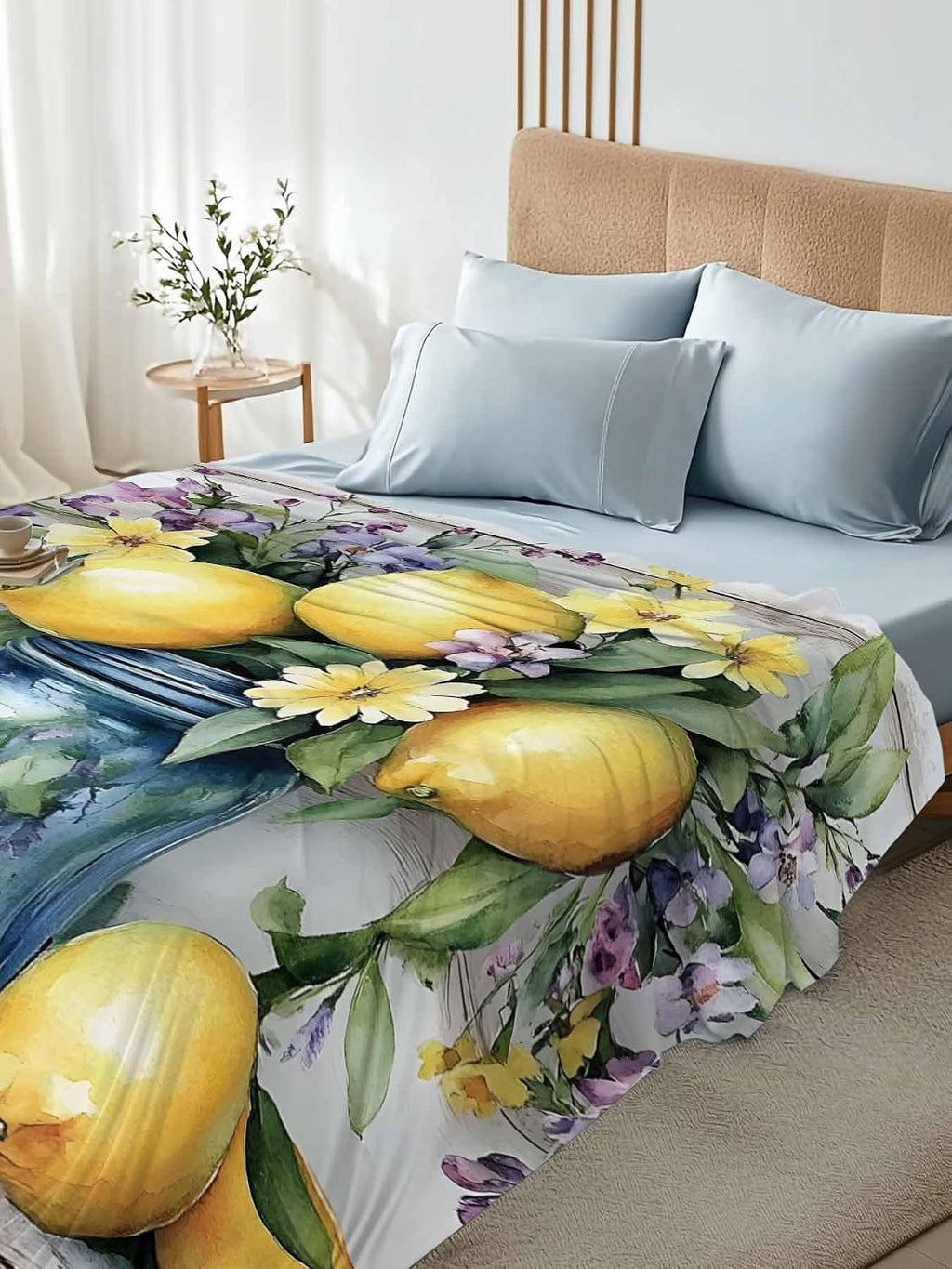 Flat Sheet, 1 Piece Top Sheet Twin Size Yellow Lemon Purple Floral Soft Breathable Bed Sheet Wood Grain Brushed Microfiber Bed Sheet, Wrinkle Resistant, Fade Resistant Bedding