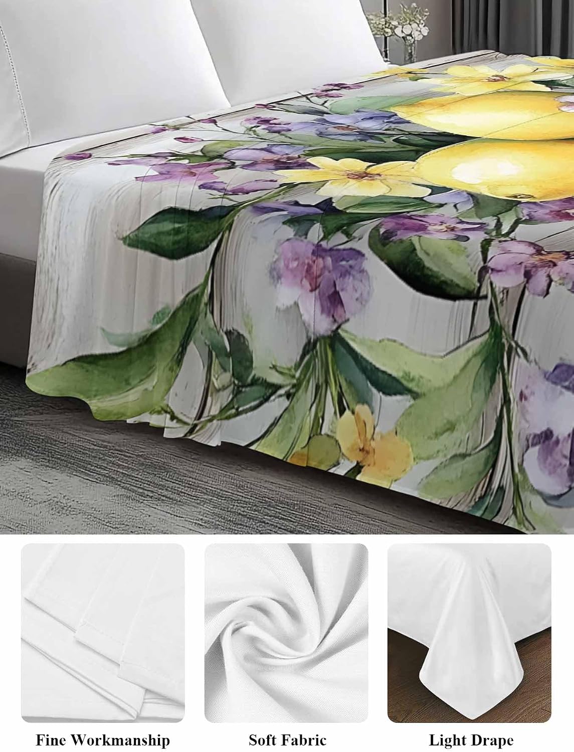 Flat Sheet, 1 Piece Top Sheet Twin Size Yellow Lemon Purple Floral Soft Breathable Bed Sheet Wood Grain Brushed Microfiber Bed Sheet, Wrinkle Resistant, Fade Resistant Bedding