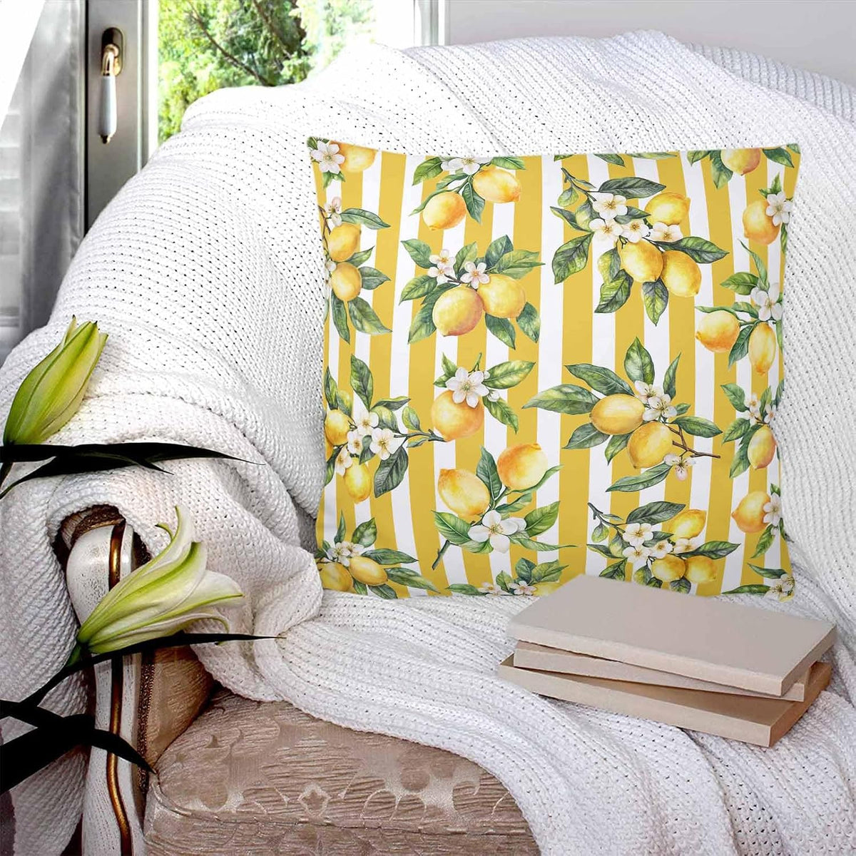 Watercolor Lemon 2PCS Throw Pillow Covers for Couch Sofa Bed, Yellow Flower Stripe Pillow Covers 16x16 inch, Standard Pillowcases Set Decorative Cushion Covers for Living Room Bedroom