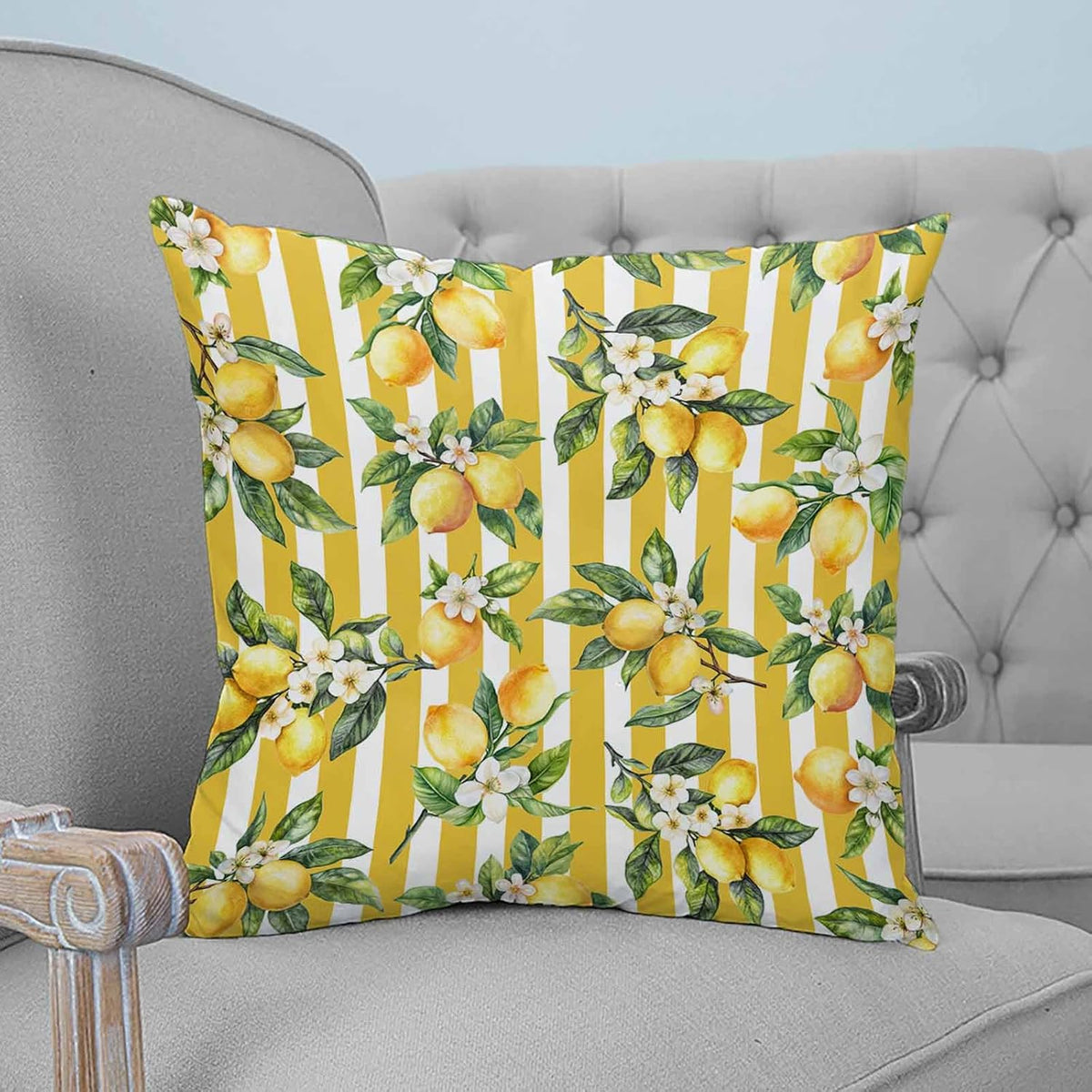 Watercolor Lemon 2PCS Throw Pillow Covers for Couch Sofa Bed, Yellow Flower Stripe Pillow Covers 16x16 inch, Standard Pillowcases Set Decorative Cushion Covers for Living Room Bedroom