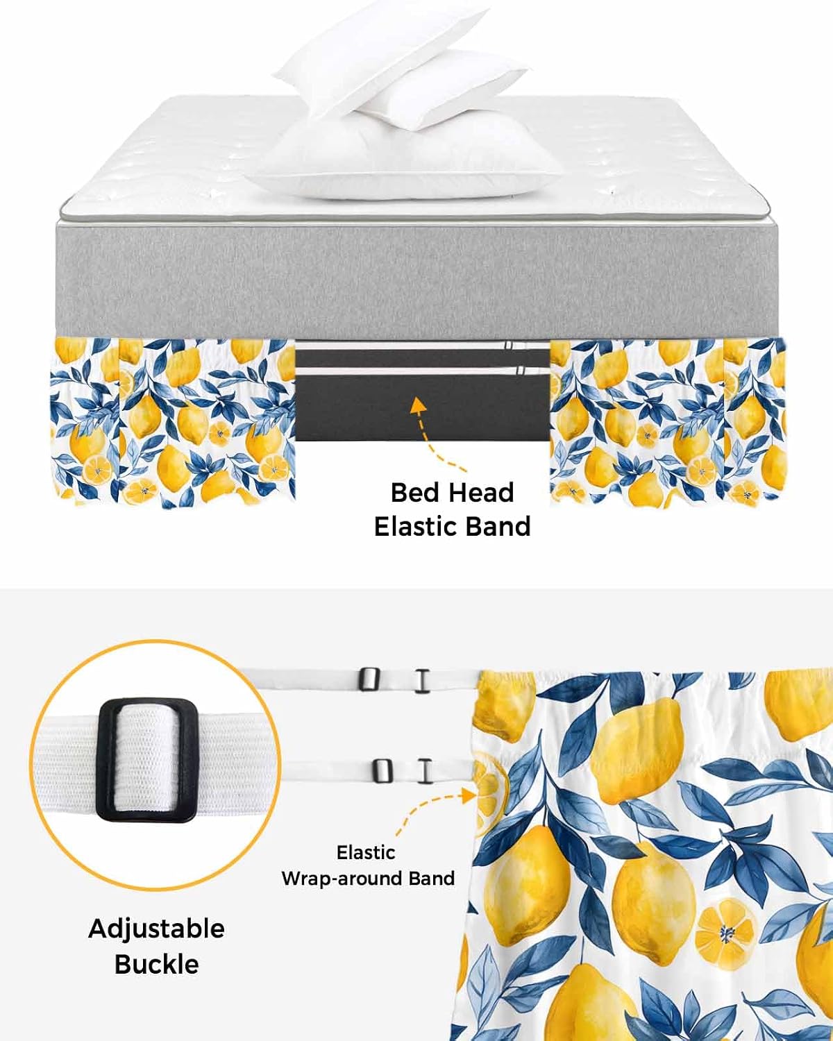 Lemon Bed Skirt Queen Size 16 Inch Drop, Adjustable Elastic Wrap Around Bed Skirts Easy Fitting Dust Ruffle Bedskirt Bed Frame Cover Watercolor Blue Yellow Branch Summer Spring