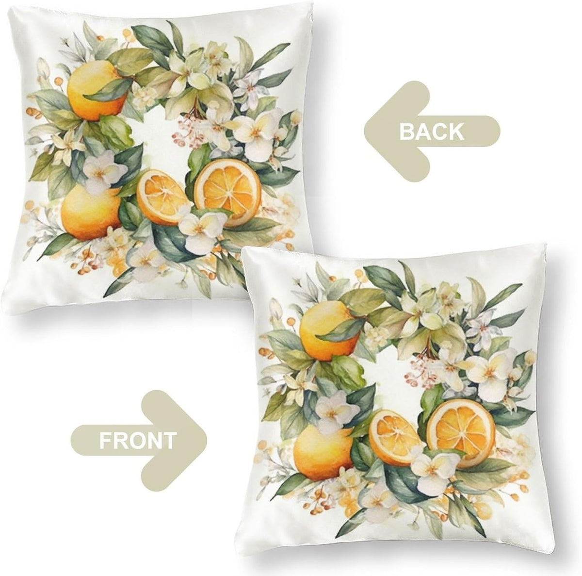 18"x18" Decorative Pillow Covers Watercolor Floral Wreath of Lemons And Flowers in Winter Satin Square Throw Pillow Covers Yellow Sweet Lemon Bed Pillows Decorative Decor for Sofa Couch Zippered
