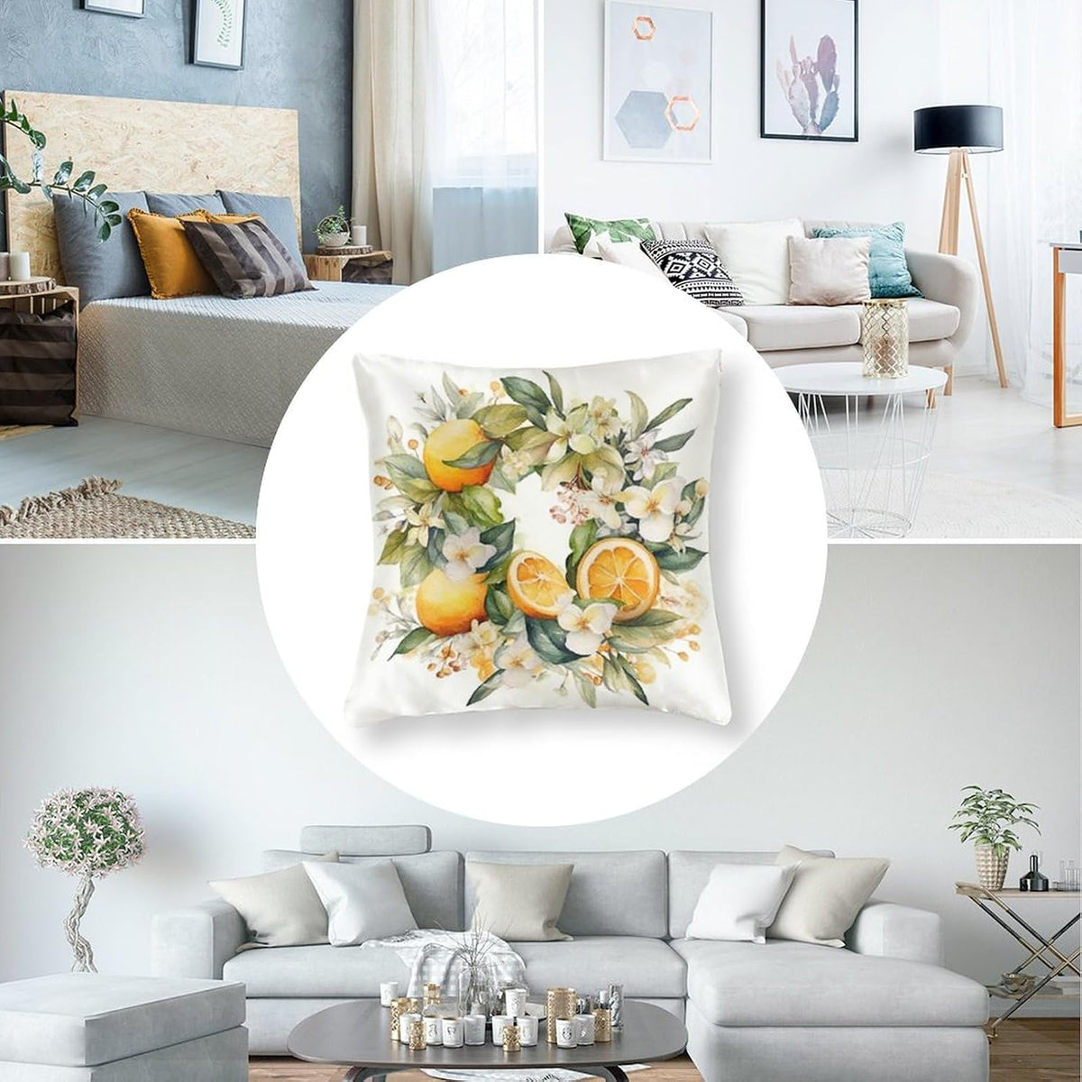 18"x18" Decorative Pillow Covers Watercolor Floral Wreath of Lemons And Flowers in Winter Satin Square Throw Pillow Covers Yellow Sweet Lemon Bed Pillows Decorative Decor for Sofa Couch Zippered