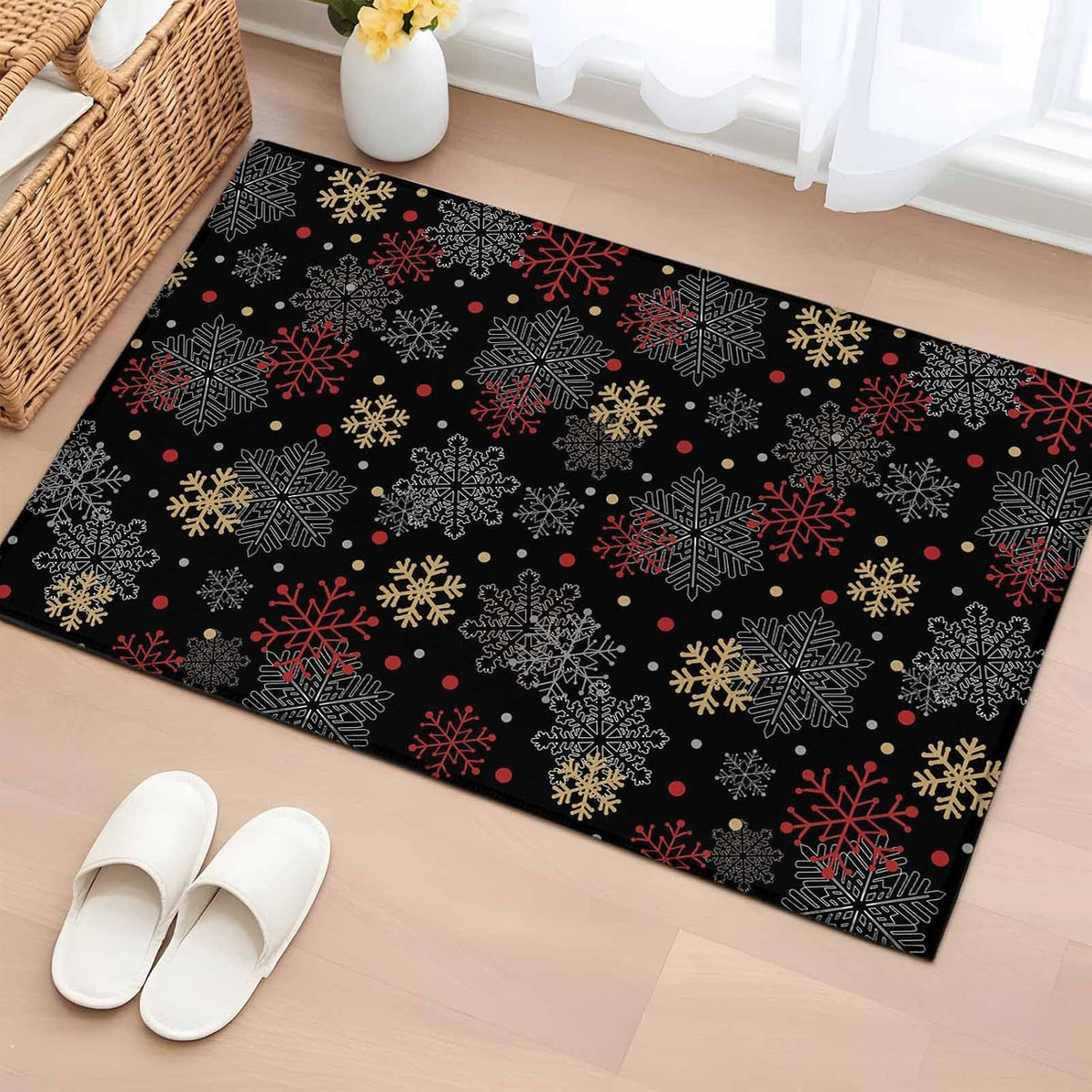 Merry Christmas 2x3 Area Rugs for Living Room, Vintage Watercolors Winter Red Yellow Black Snowflakes Black Non Slip Floor Mat Washable Low-Profile Indoor Carpet for Bedroom, Dining Room, Bathroom