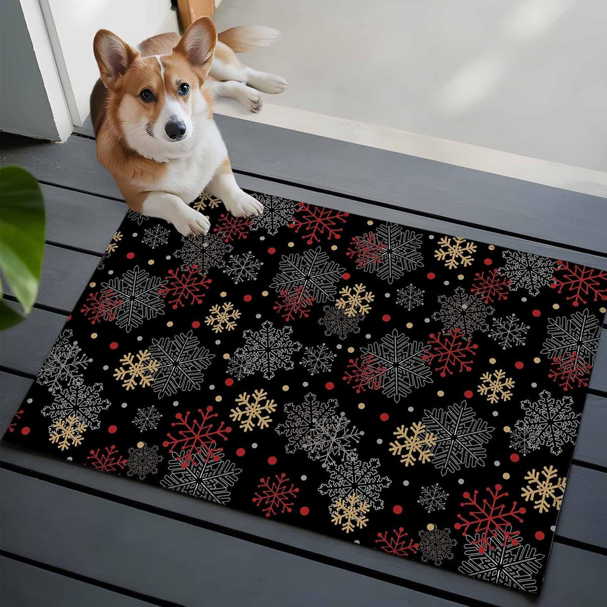 Merry Christmas 2x3 Area Rugs for Living Room, Vintage Watercolors Winter Red Yellow Black Snowflakes Black Non Slip Floor Mat Washable Low-Profile Indoor Carpet for Bedroom, Dining Room, Bathroom