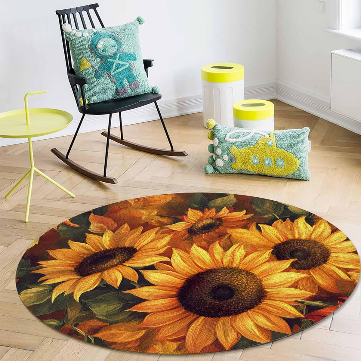 Sunflower Round Area Rug 3ft,Fall Winter Yellow Floral Plant Vintage Washable Indoor Carpet Runner Rug for Bedroom,Kitchen,Bathroom,Living/Dining/Laundry Room,Office Small Bath Door Desk Floor Mat