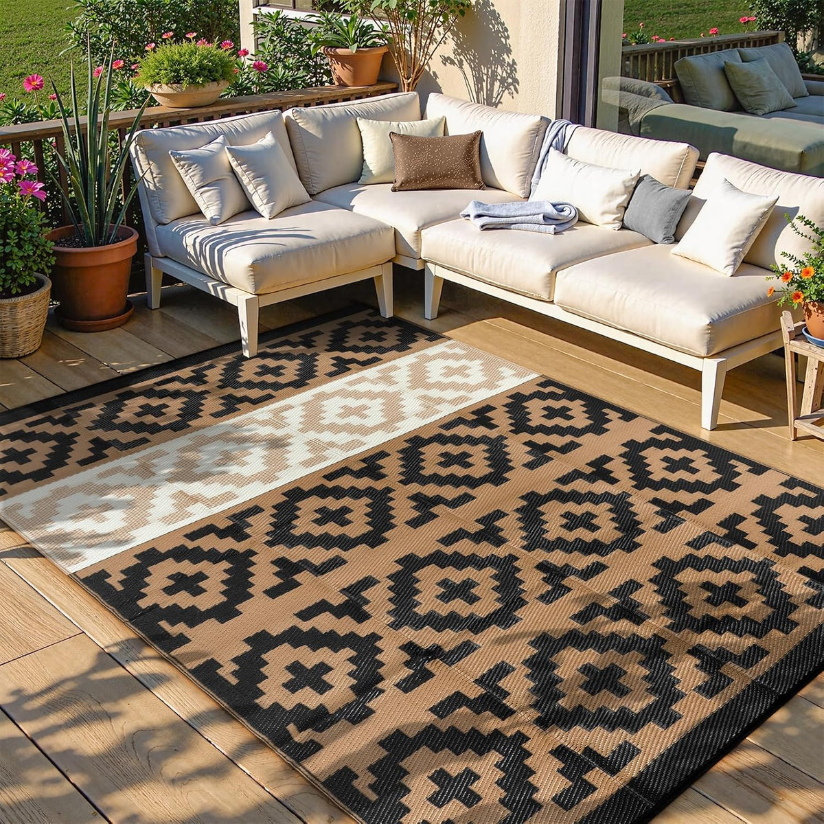Outdoor Rugs 8x10 for Patios Clearance, Reversible Plastic Straw Outside Rug, Large Outdoor Area Rug RV Camping Mat for Deck, Backyard, Picnic, Beach, Trailer(Black&Brown, 8‘x10')