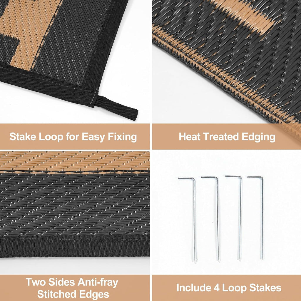 Outdoor Rugs 8x10 for Patios Clearance, Reversible Plastic Straw Outside Rug, Large Outdoor Area Rug RV Camping Mat for Deck, Backyard, Picnic, Beach, Trailer(Black&Brown, 8‘x10')