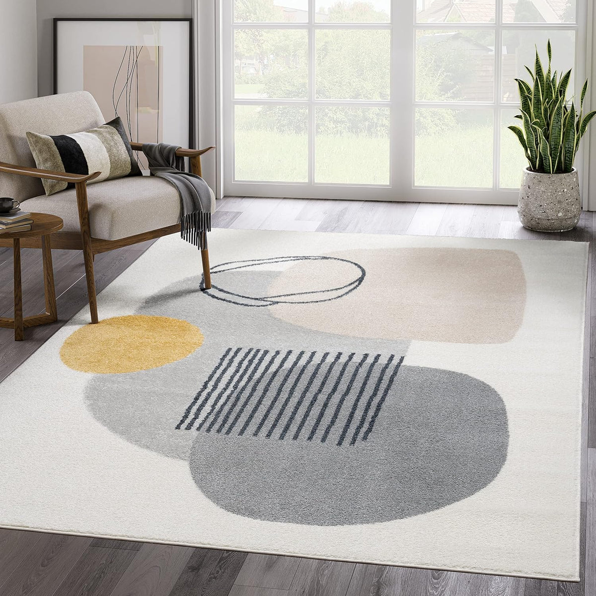 Rugs Cream and Gray 6 ft. X 9 ft. Mid-Century Rug with Circles and Lines. Neutral Tones of Cream, Gray and a pop of Yellow. Minimalistic Design Turkish Stain Resistant Area Rug.