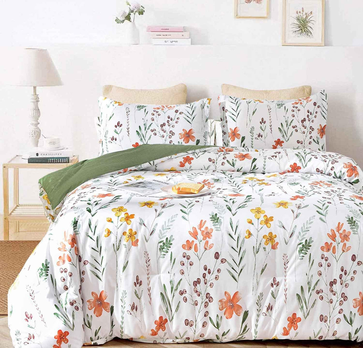 Floral Duvet Cover Full Size - White Yellow Flowers and Green Leaf Spring Botanical Printed Microfiber Comforter Cover Set - 3PC 80X90 Soft and Lightweight Quilt Cover, Farmhouse Style for Women Men