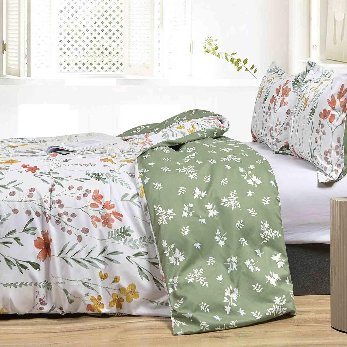Floral Duvet Cover Full Size - White Yellow Flowers and Green Leaf Spring Botanical Printed Microfiber Comforter Cover Set - 3PC 80X90 Soft and Lightweight Quilt Cover, Farmhouse Style for Women Men