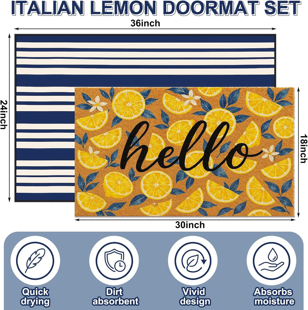 2 Pcs Lemons Doormat Set 18" x 30" Hello Lemon Outdoor Rug and 24" x 35" Navy White Striped Area Rug Italian Non-Slip Welcome Front Door Mat for Summer Indoor Outdoor Porch Entryway Decor